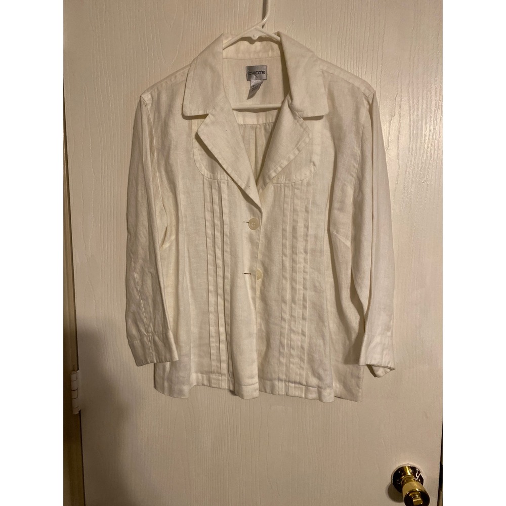 Chicos White 100% Linen Pintuck Button Front Shirt Size 2 L 3/4 Sleeve 0718